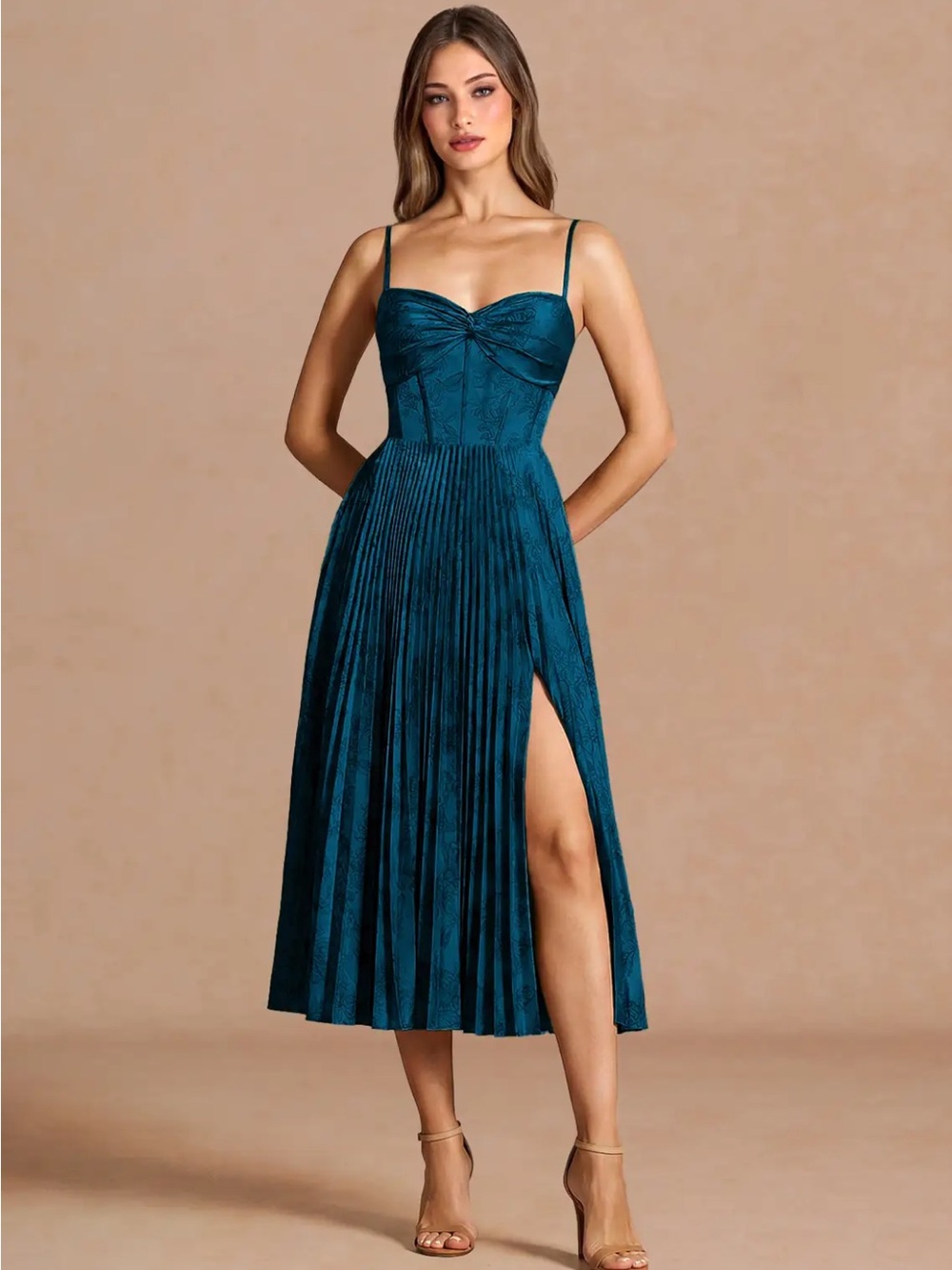 Azazie Teal Pleated Midi Dress with Side Slit
